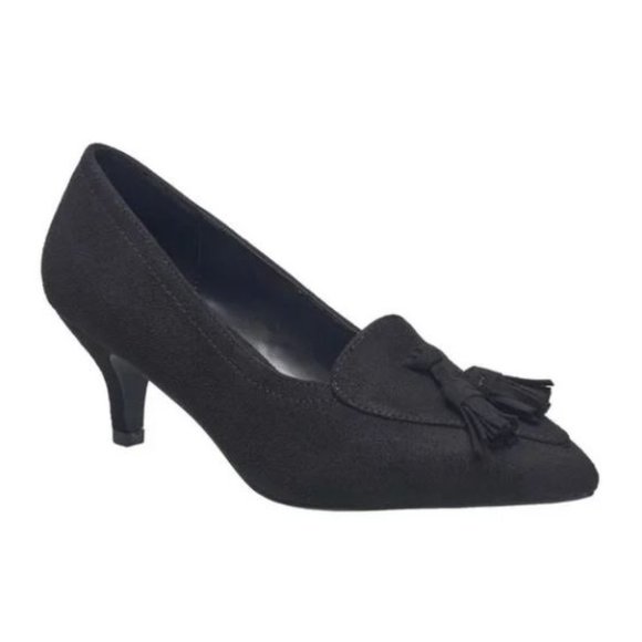 NWT H Halston Dubai Tassel Kitten Heel Pumps in vegan suede Black size 7.5 NEW - Picture 1 of 11